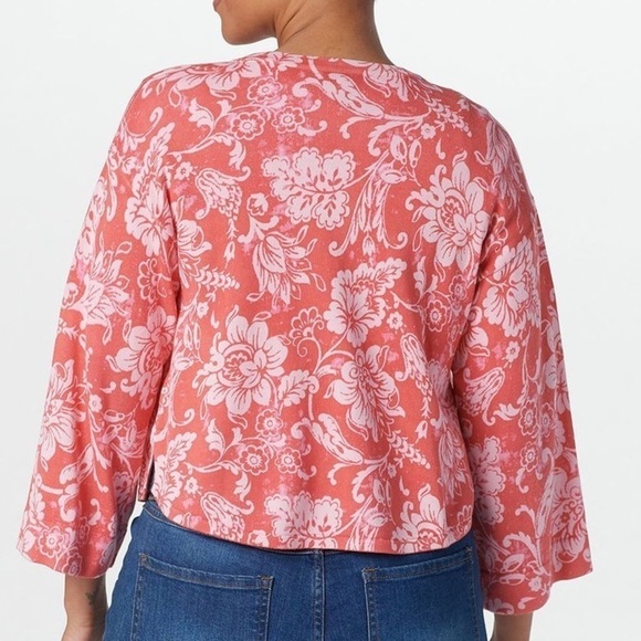 ISAAC Mizrahi Live! 5X Hot Coral Floral One Button Accent Cardigan (LV8) - Picture 2 of 4